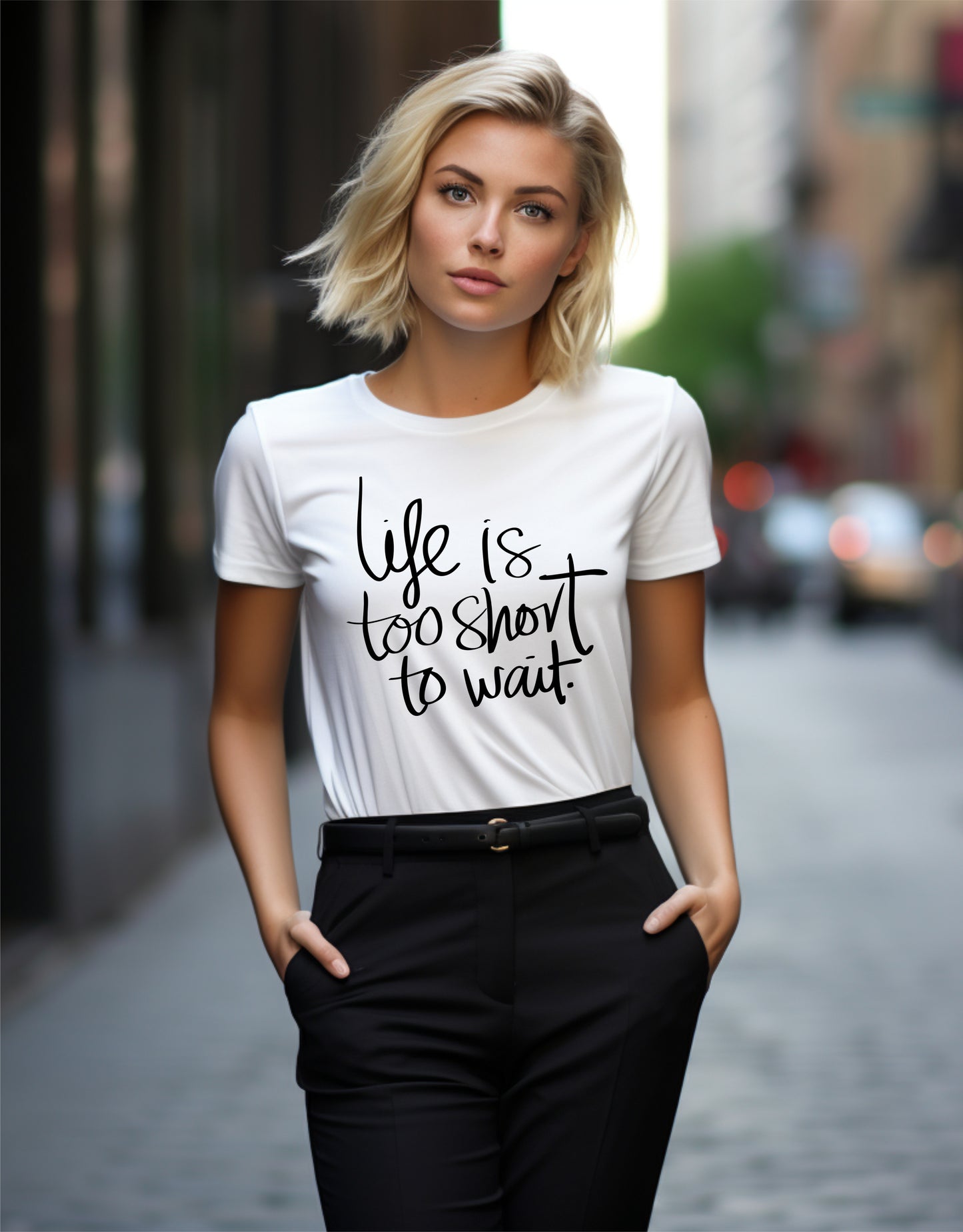 Rebranded "life is too short to wait" Crewneck Graphic Tee